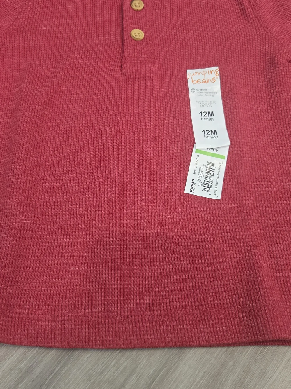 🎄 NWT Jumping Beans Baby Boy Christmas Holiday Red Thermal Henley Size 12M 🎄